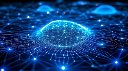Abstract digital landscape with glowing nodes and interconnected lines in a futuristic blue environment