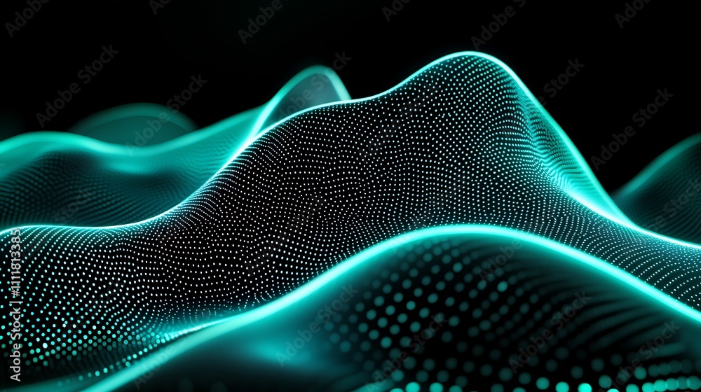 Poster Abstract Digital Landscape with Neon Dots and Wavy Patterns in a Dark Background for Technology Concepts