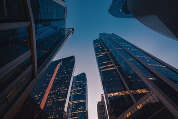 Urban Skyline: A dramatic perspective of towering skyscrapers reaching for the twilight sky.  The imposing structures embody ambition, progress, and the relentless pursuit of success.