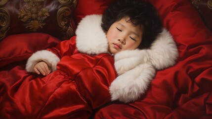 Obraz premium Festive portrait of an adorable Asian child wearing a Santa inspired dress resting cozily against a fluffy holiday themed pillow with hidden hands capturing a mood of joy and