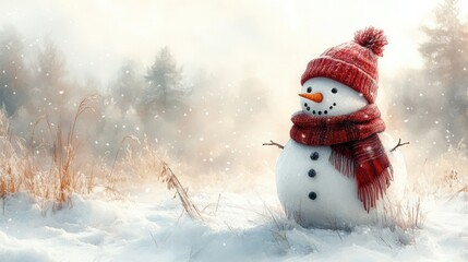 Obraz premium Cute Snowman Wearing a Scarf Standing in Snowy Landscape