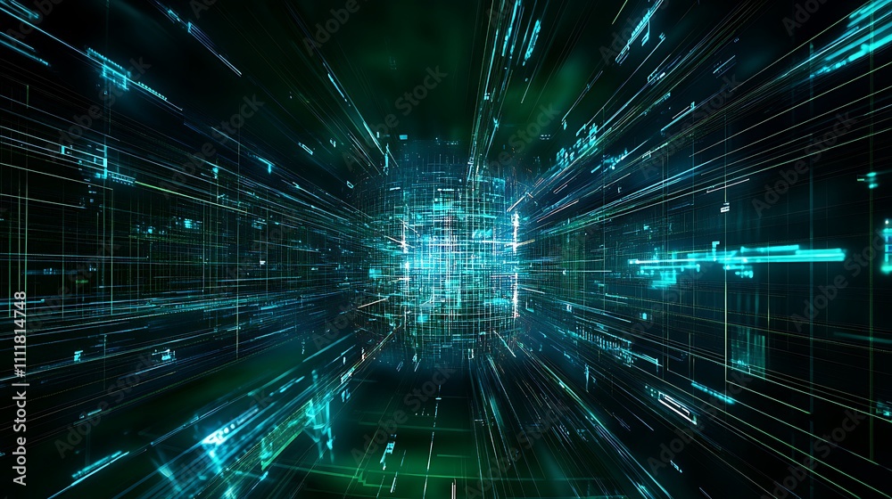 Poster abstract digital technology data stream with glowing lines and particles in a futuristic environment
