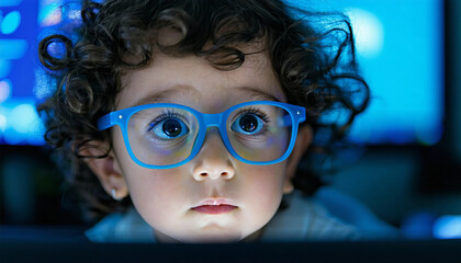 Portrait of a young child with curly hair and blue glasses, looking thoughtfully at a computer screen