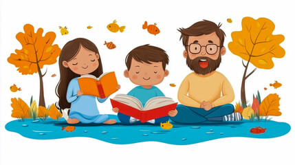 Two children and an adult relax by a pond, reading books while autumn leaves drift in the air and fish swim nearby