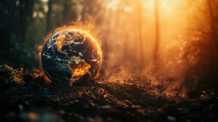 Artistic Representation of a Burning Globe in a Forest Setting Signifying Global Warming, Environmental Crisis, and Climate Change Awareness at Sunset Time