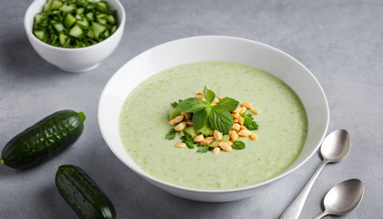 Vegan cold cucumber cream soup in white bowl on a gray background creamy and light