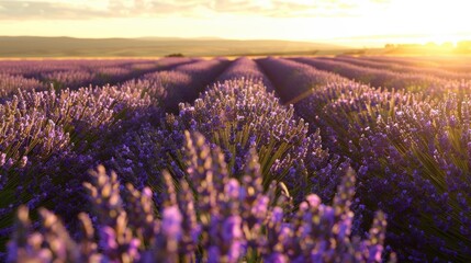 Fototapeta premium Expansive Lavender Field During Golden Hour with Soft Lighting