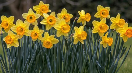 Fototapeta premium Vibrant Yellow Daffodils in Full Bloom Surrounded by Green Leaves