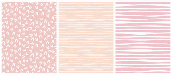 Trendy Seamless Childlike Vector Patterns. Abstract Doodle Print. White Hand Drawn Arcs and Stripes on a Coral and Pastel Pink Background. Irregular Geometric Pattern. Girly Childish Print. 
