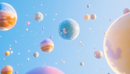 Pastel Planets Float In A Bright Blue Sky