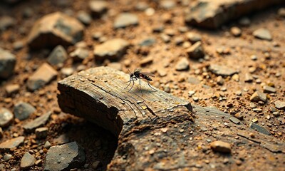 Obraz premium A mosquito perches on the edge of a wooden log on a rocky brown surface, insect life, wooden log