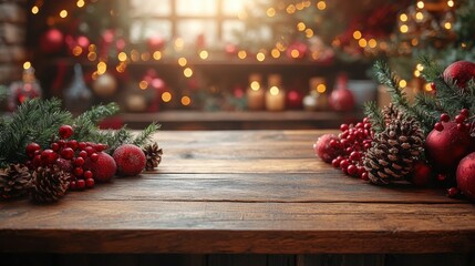 Elegant holiday table set for a festive food display surrounded by beautiful Christmas decorations and warm lights