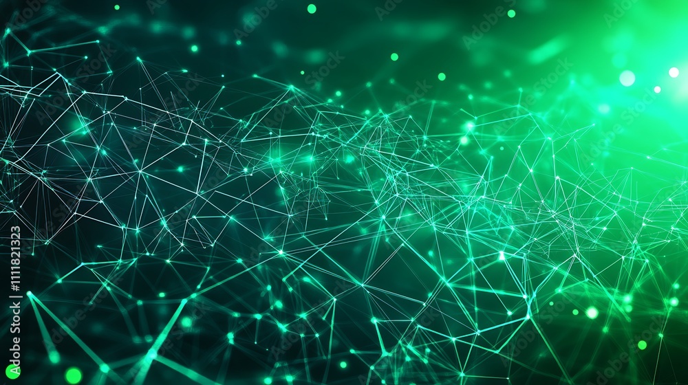 Poster Abstract Green Digital Network Background with Glowing Connective Lines and Dots in Dark Space