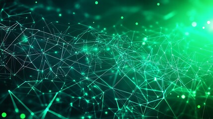 Abstract Green Digital Network Background with Glowing Connective Lines and Dots in Dark Space