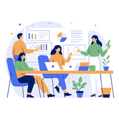 Fototapeta premium Business Discussion. Vector cartoon illustration in a flat style of a group of diverse people leading a discussion at a table near a whiteboard with charts and graphs. Isolated on background