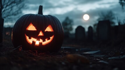 Spooky Halloween Jack-o'-lantern in a Cemetery at Night
