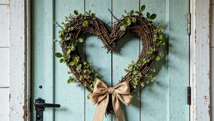 Handcrafted Rustic Heart Wreath with Greenery and Bow on Vintage Wooden Door Background. Perfect for Festive Holiday Home Decor and Seasonal Celebrations