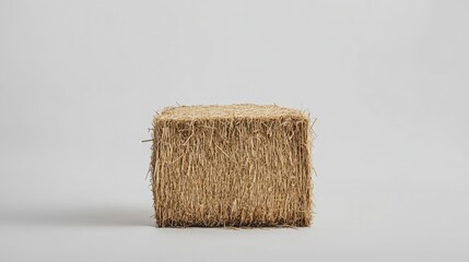 A neatly compressed straw bale with golden hues displayed against a plain white background, perfect for farming themes.