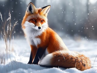 A Red Fox Sits In Snowy Winter Landscape