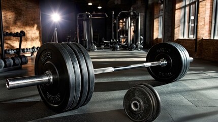 Fototapeta premium Gym Weightlifting Barbell Weights Fitness Strength Training Workout Equipment Dark Gy