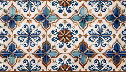 Ornate tile pattern with blue and brown floral and leaf motifs, featuring symmetrical and intricate designs, showcasing the beauty of traditional craftsmanship Generative AI