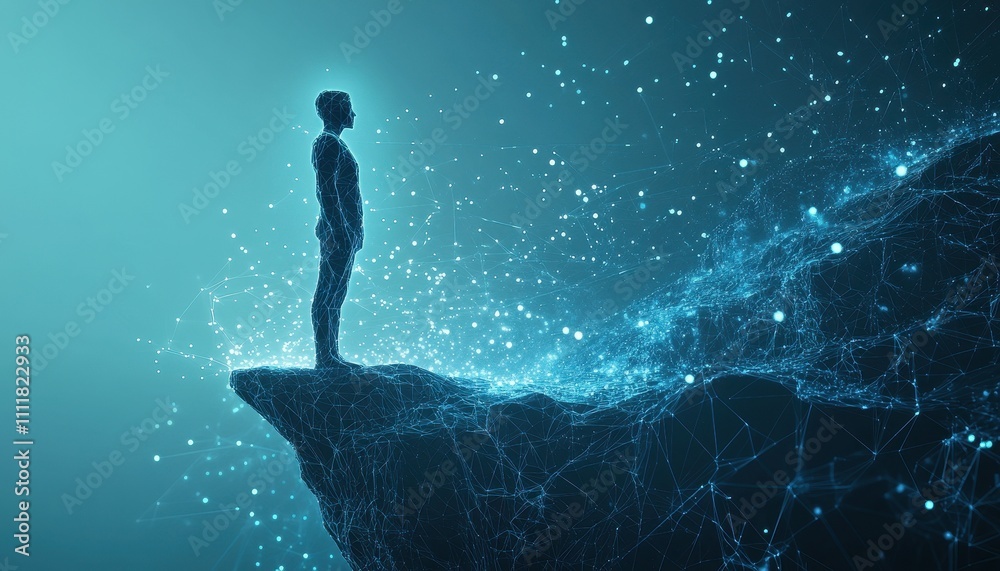 Poster a digital person stands on a cliff overlooking a network