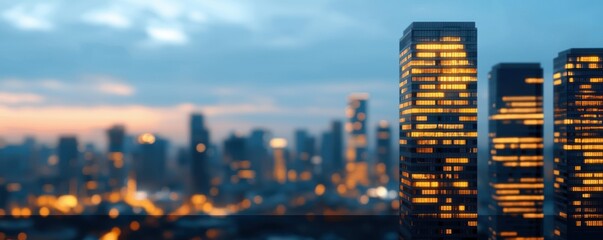 Obraz premium Investing in Emerging Markets concept. City skyline at dusk with illuminated buildings and soft focus.