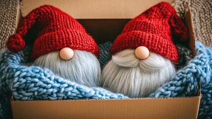 Two festive gnomes wearing bright red hats, nestled inside a cardboard box with a soft blue knitted blanket