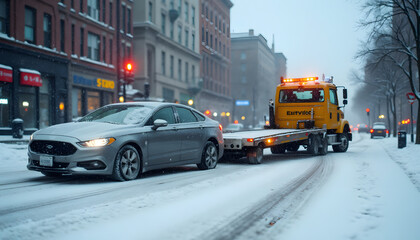 Obraz premium Tow truck retrieving stranded car on snowy city street during winter