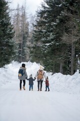 Rear view of family is enjoying winter holiday in the mountains, holding hands while walking through the snowy forest.