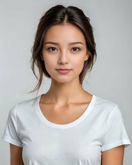 Fototapeta premium portrait of a beautiful female model wearing a white t-shirt with a white background