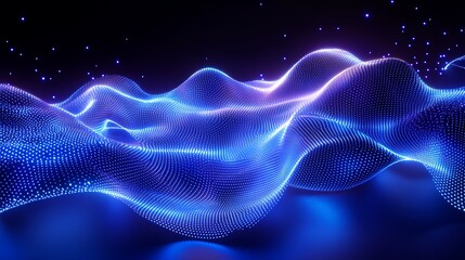 Fototapeta premium Abstract Waveform in Blue and Purple Glow with Dots and Lights on Dark Background for Futuristic Design