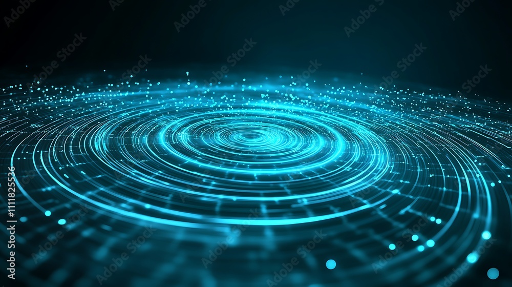 Poster blue abstract circular pattern with bright particle effects on dark background for digital art and t