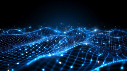 Obraz premium Blue Abstract Digital Wave with Glowing Particles in a Dark Space for Technology and Background Use