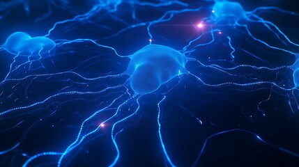 Obraz premium Blue Neon Jellyfish Floating in Dark Ocean with Glowing Tentacles and Bright Particle Effects