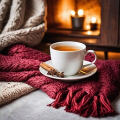 Cup of tea on a blanket and blurred fireplace Background