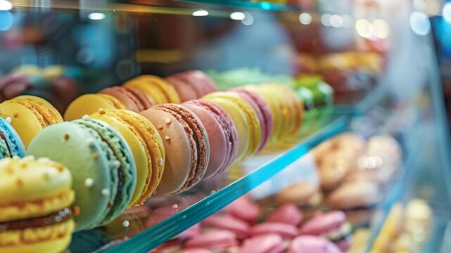 close up of colorful macarons in the bakery shop