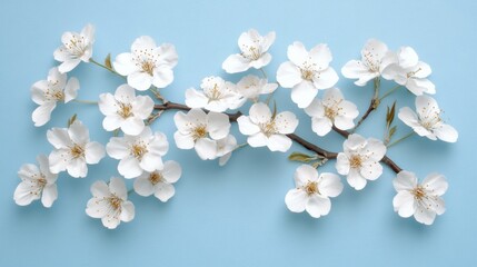 Fototapeta premium Beautiful white cherry blossoms against a blue background