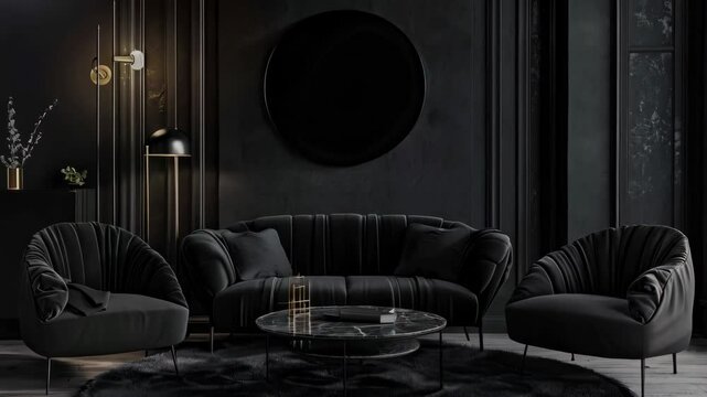 interior of modern living room with black walls and furniture, copy space on the black wall background