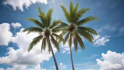 Obraz premium Tall coconut tree in front of a clear blue sky with white clouds, landscape, clouds, tropical