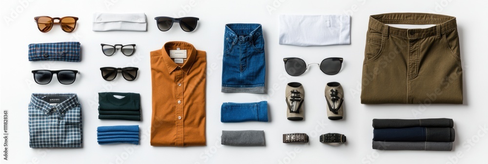 Poster an array of clothing items such as shirts, pants, and various accessories arranged on a clean white 
