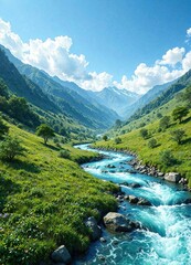 Naklejka premium Winding watercourse through a lush green valley , nature, valley