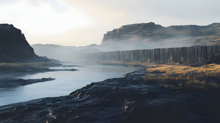 Obraz premium a wall of rocks that has been cut down by a river Generative AI