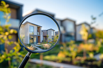 Magnifying glass focusing on a modern house, symbolizing property search for rental or purchase in a clean, minimalistic style.
