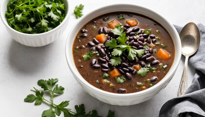 A bowl of black bean soup garnished with fresh parsley perfect for winter