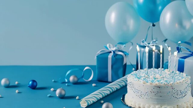 birthday party concept - cake, gift boxes and air balloons over blue background with copy space