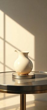 A gleaming ivory vessel filled with a nourishing elixir on a minimalist metal table, illuminated by soft sunlight, warm glow, soft light