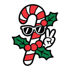 Cool Candy Cane with Sunglasses and Holly Illustration
