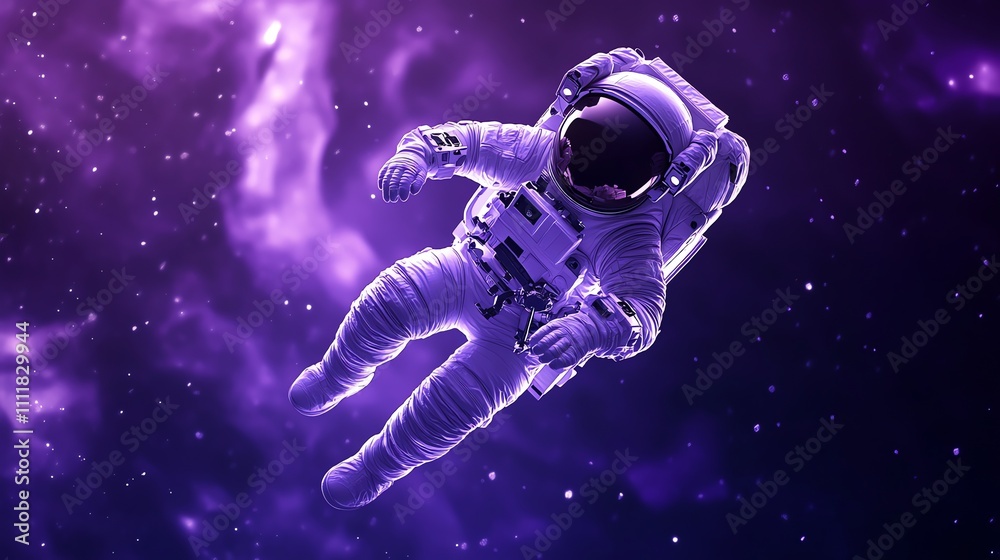 Canvas Prints astronaut floating in space against a purple nebula background.