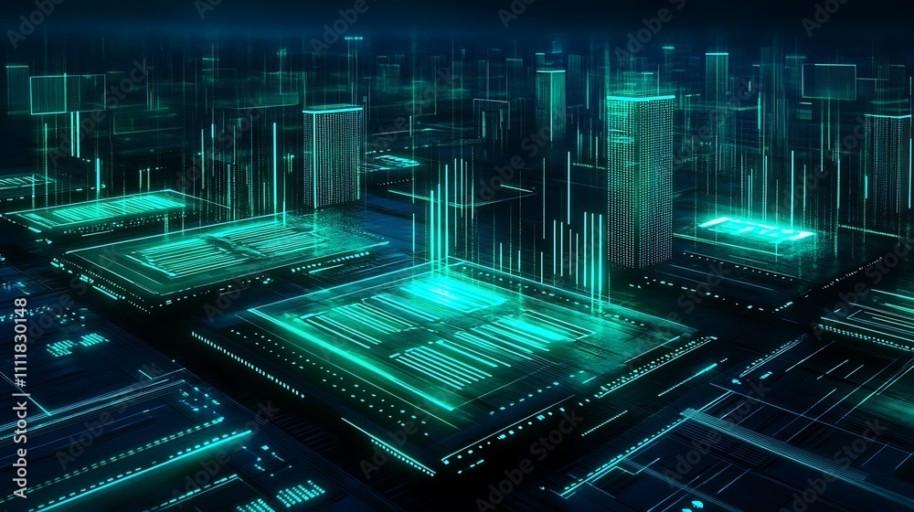 Poster futuristic abstract digital landscape representing data processing in a virtual environment